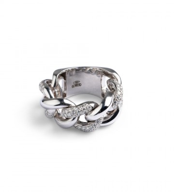Anello in oro bianco groumette morbida lucida alternata a brillanti