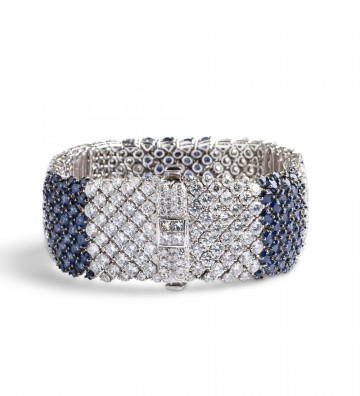 Bracciale oro bianco nido d'ape con brillanti e zaffiri cavallotti in carre'diamanti