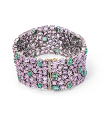 Bracciale a stuoia in oro giallo e argento con zaffiri rosa smeraldi e diamanti